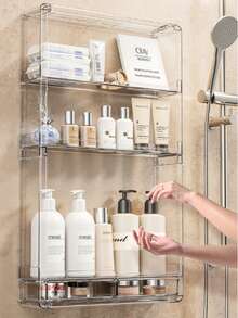 1pc Wall Mounted Bathroom Shelf, Toilet Vanity Organizer Rack, Drill-Free Storage Holder - Clear - View 2