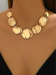 1pc Minimalist Fashion Geometric Round Pendant Necklace, Casual Metallic Gold Choker Necklace