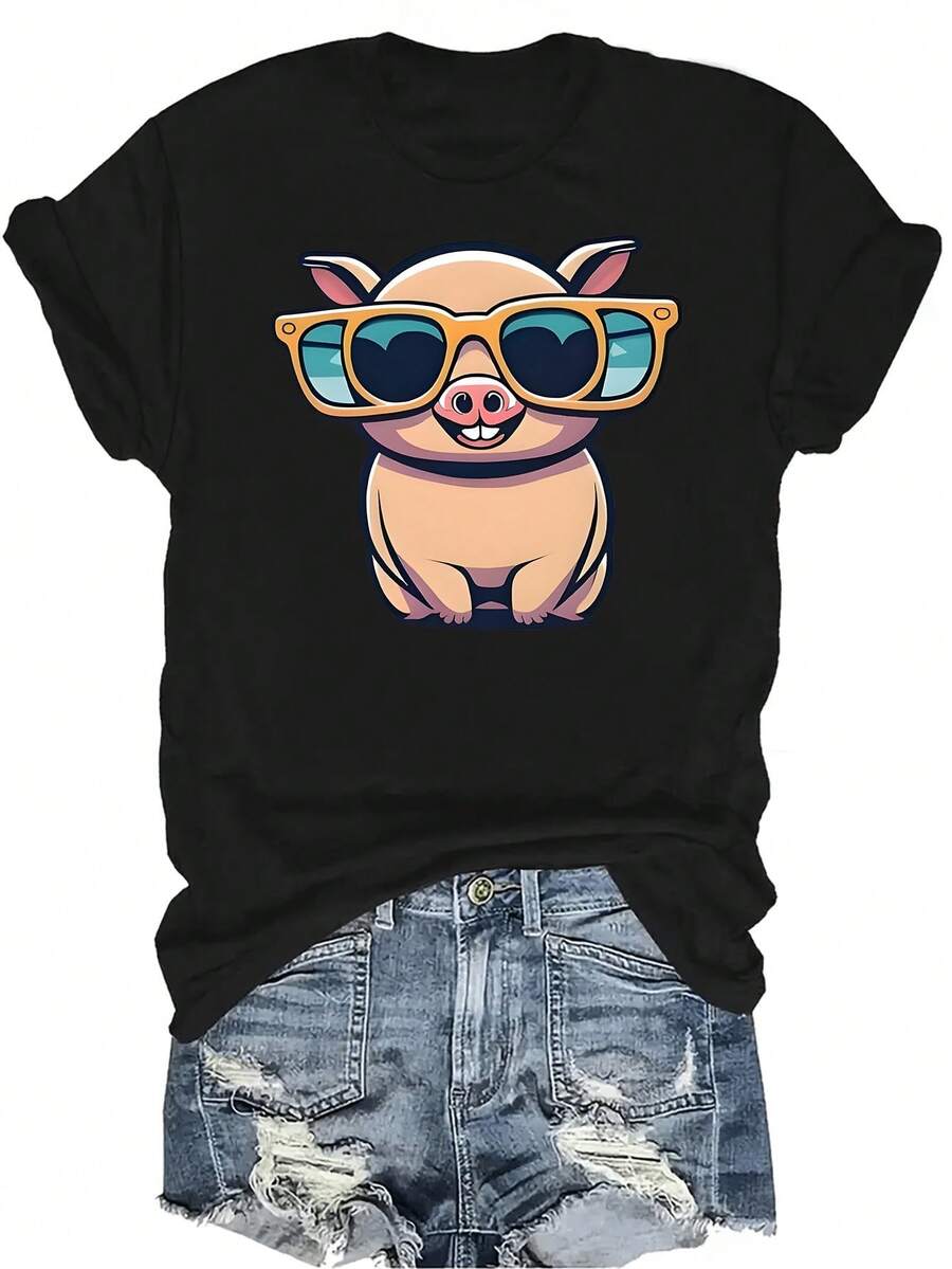 Camiseta de mujer y unisex con diseño de cerdo lindo con gafas de moda, de verano, casual, transpirable, de personalidad, de cuello redondo, de manga corta, de uso versátil, adecuada para adolescentes y adultos - Negro - Ver 1