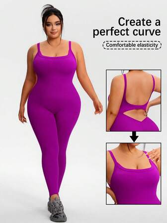 Plus Size Women Seamless High Elasticity Sports Jumpsuit, Backless Sexy Outdoor Fitness Yoga Wear, Solid Color, Slim Fit, Daily Wear