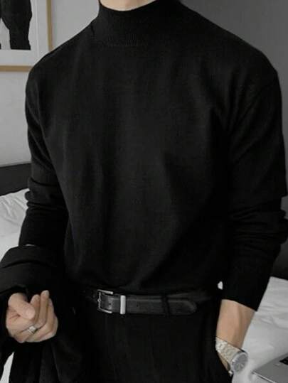 Jersey de cuello alto de manga larga con ajuste holgado de unicolor para hombre, estilo de dinero viejo para otoño/invierno