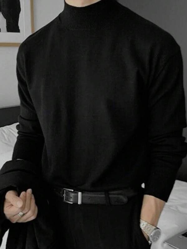 Jersey de cuello alto de manga larga con ajuste holgado de unicolor para hombre, estilo de dinero viejo para otoño/invierno