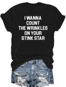 Quiero contar las arrugas de tu camiseta de estrella apestosa Camiseta de mujer unisex de verano casual, transpirable, de personalidad, de cuello redondo, de manga corta, ropa de calle, versátil, adecuada para adolescentes y adultos - Negro - Ver 1