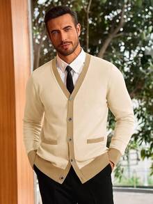 Men's Long Sleeve Button Down Knitted Cardigan Sweater With Pockets, Casual Style - 杏 - 查看 2