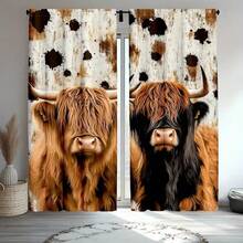 2pcs Western Highlands Cow Milk Print Curtains, Rustic Living Room Thick Black Curtains - Woven, Polyester, Traditional Style, Semi-Sheer, Cordless, Machine Washable, For Bedroom And Living Room - Nhiều màu - Xem 1