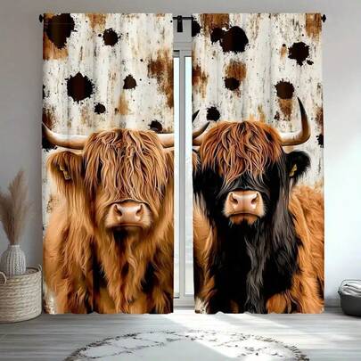 2pcs Western Highlands Cow Milk Print Curtains, Rustic Living Room Thick Black Curtains - Woven, Polyester, Traditional Style, Semi-Sheer, Cordless, Machine Washable, For Bedroom And Living Room