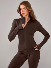 NcmRyu 1 Set Women's Fashion Elastic Zipper Collar Design Waist Cinching Butt Lifting Long Sleeve Workout Set