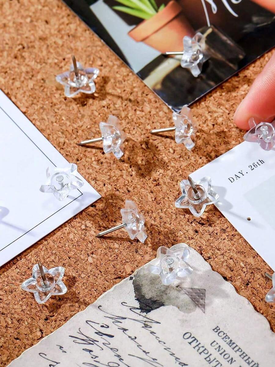 50pcs/100pcs Star-Shaped Plastic Clear Thumb Tacks With Plastic Box, For Bulletin Board, Photo, Map, Poster Decoration, Home, School, Office Use