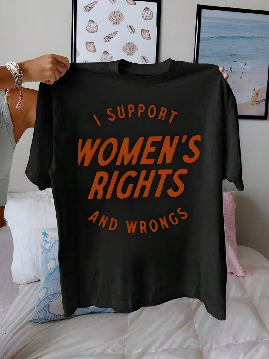 I Support Women's Rights And Wrongs Graphic Black T - Shirt,220g Cotton Women's Casual Printed T-Shirt, Crew Neck Pullover Short-Sleeve - 黑色 - 查看 1