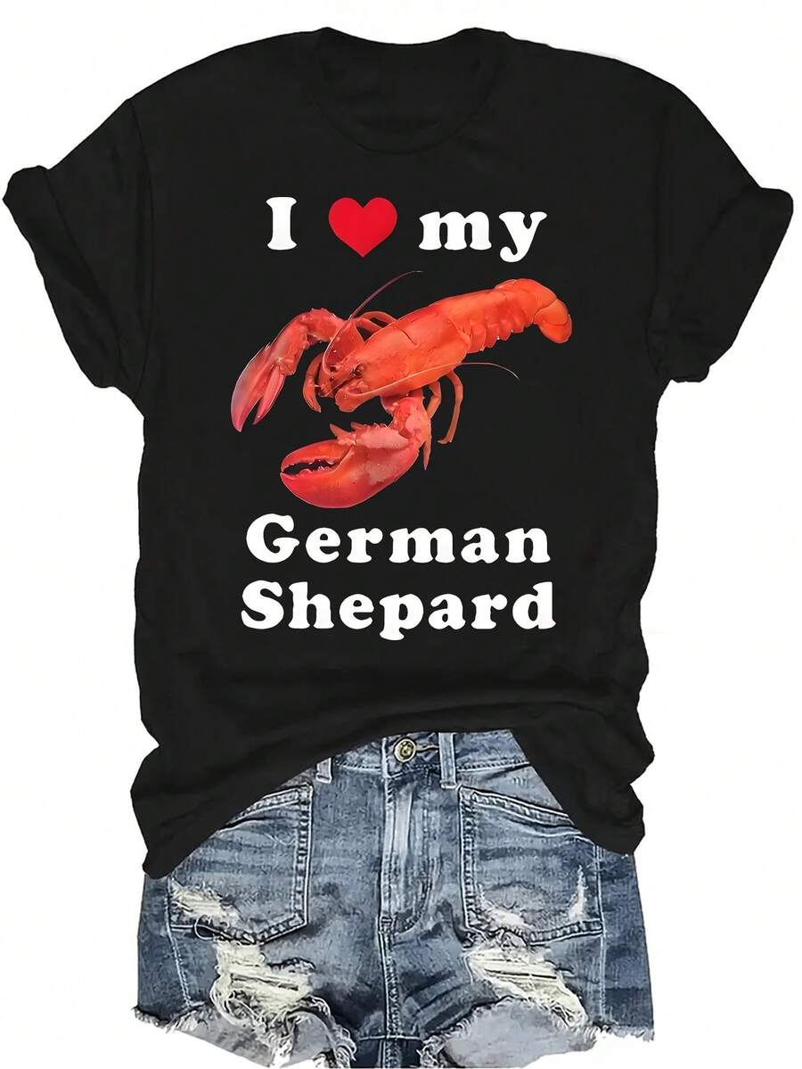 Amo mi camiseta de perro pastor alemán tipo langosta para mujer y unisex, de verano, casual, transpirable, con personalidad, de cuello redondo, de manga corta, ropa de calle, versátil, adecuada para adolescentes y adultos - Negro - Ver 1