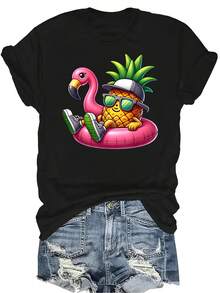 Camiseta de mujer y unisex de verano con estampado divertido de piña y flamenco tropical, de cuello redondo, manga corta, transpirable y de personalidad, adecuada para adolescentes y adultos - Negro - Ver 1