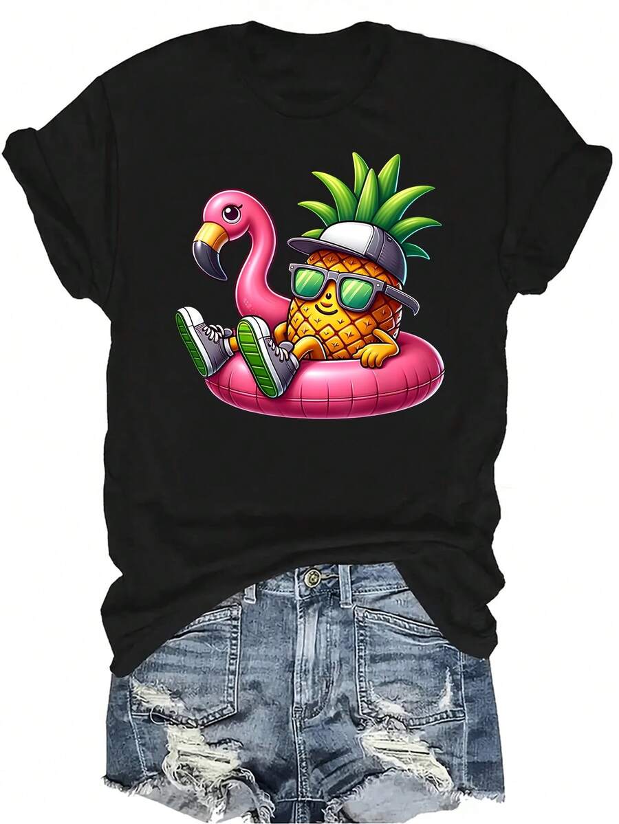 Camiseta de mujer y unisex de verano con estampado divertido de piña y flamenco tropical, de cuello redondo, manga corta, transpirable y de personalidad, adecuada para adolescentes y adultos - Negro - Ver 1