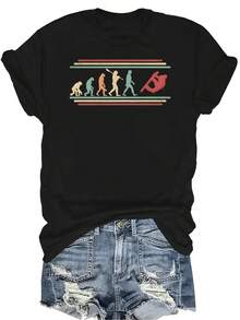 Camiseta de snowboard para mujer y unisex, de verano, casual, transpirable, con personalidad, cuello redondo, manga corta, ropa de calle, versátil, adecuada para adolescentes y adultos - Negro - Ver 1