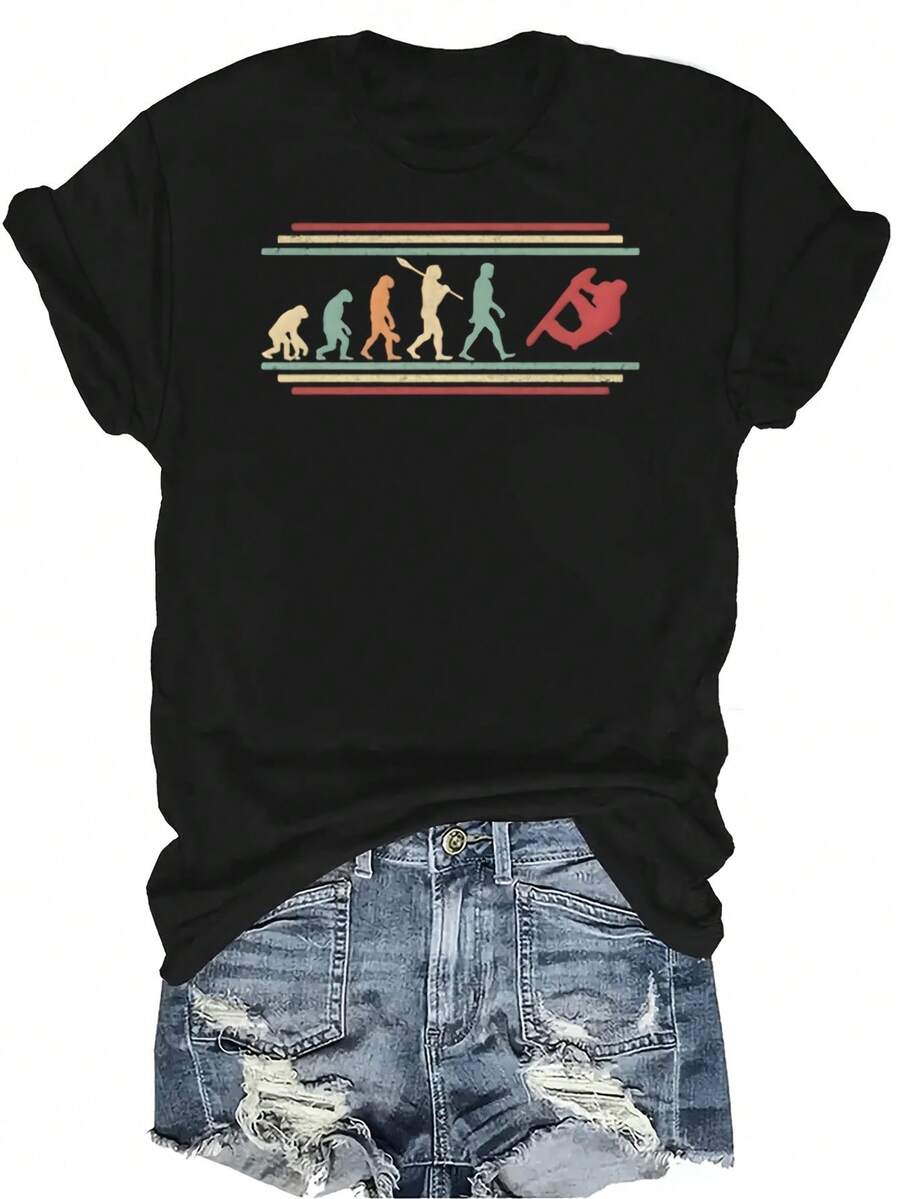 Camiseta de snowboard para mujer y unisex, de verano, casual, transpirable, con personalidad, cuello redondo, manga corta, ropa de calle, versátil, adecuada para adolescentes y adultos - Negro - Ver 1