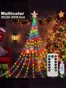 1 pièce de lumière de Noël intérieure et extérieure OSIDEN avec télécommande - Guirlande lumineuse de haute qualité alimentée par USB (192 LED/282 LED en option), indice de protection IP44 contre l'eau, 8 modes d'éclairage (constant, clignotant, dégradé, orage), télécommande infrarouge, décoration étoile au sommet convenant pour Noël, décorations de Noël pour la maison, décoration de pièce en hiver