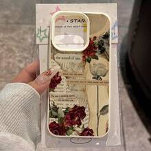 1pc Vintage Red Rose Book Page Collage Elegant Pattern TPU Phone Case Compatible With IPhone