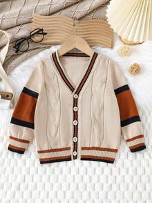 BOARNSEORL Boys' Khaki Contrast Stripe Button-Front Cardigan, Fashionable And Versatile For Outings, School, Travel, Spring/Autumn - Khaki - View 7