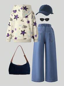 Girls Casual Loose Outdoor Apricot Heart & Star Print Hoodie Sweatshirt And Blue Heart & Star Print Jeans Set, Autumn - Khaki - View 4
