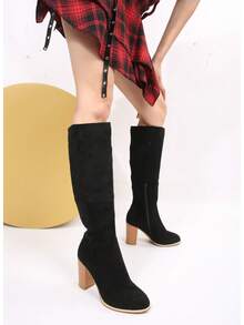 秋冬女式时尚搭扣侧拉链平底靴，搭配毛衣百搭，过膝长靴 - 黑色 - 查看 7