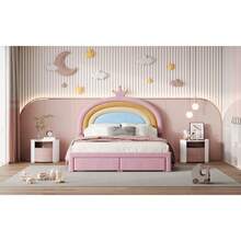 PRINCESS LOVESEAT SOFA BED PU LEATHER UPHOLSTERED LOW SOFA BED WITH BUTTON TUFTED CUTE CROWN HEADBOARD FOR KIDS, PINK