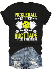 Camiseta "El pickleball es como el cinta adhesiva, lo arregla todo" para mujeres y unisex, de verano, casual, transpirable, con personalidad, cuello redondo, manga corta, estilo callejero, versátil, adecuada para adolescentes y adultos - Negro - Ver 1