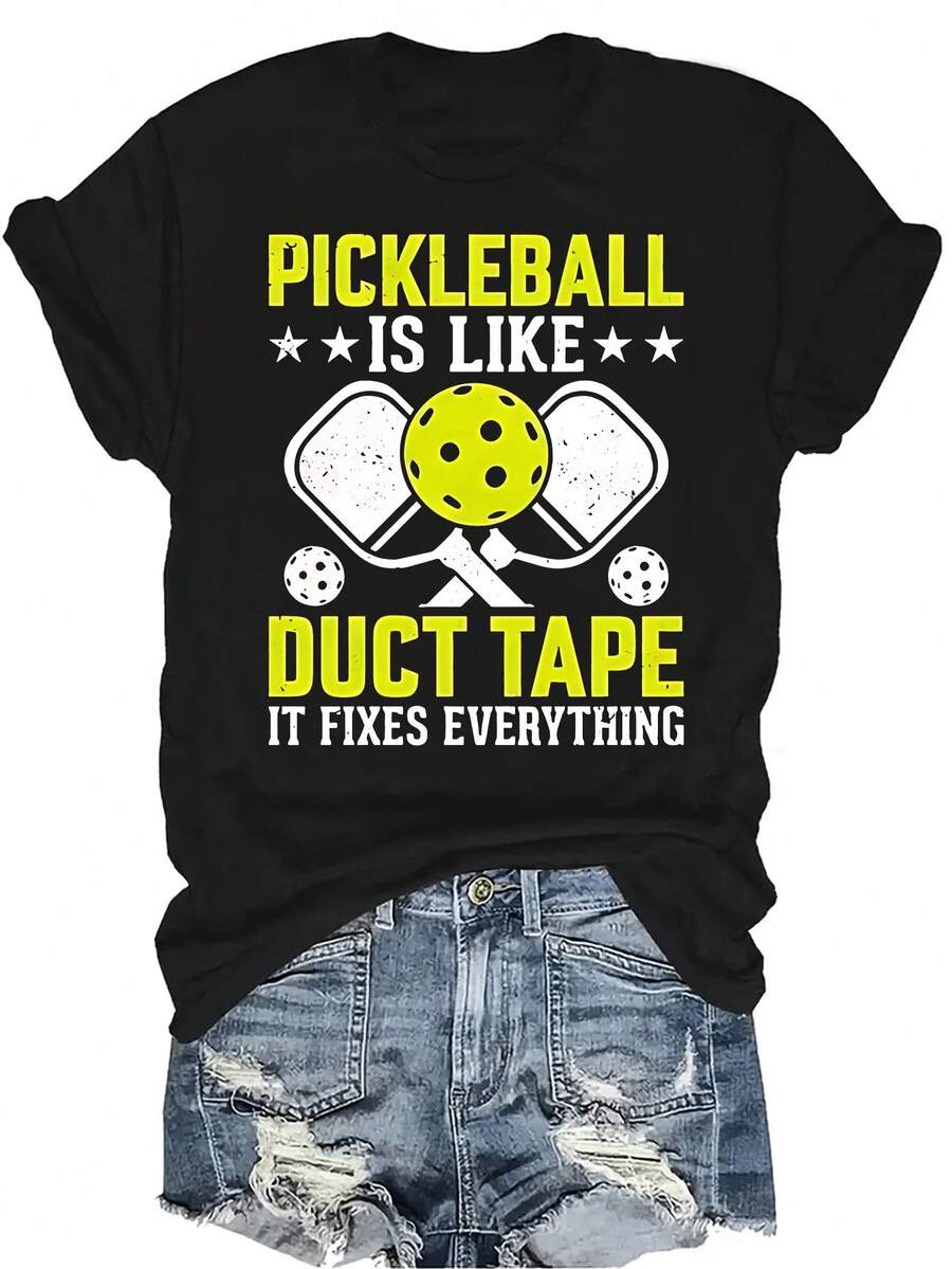 Camiseta "El pickleball es como el cinta adhesiva, lo arregla todo" para mujeres y unisex, de verano, casual, transpirable, con personalidad, cuello redondo, manga corta, estilo callejero, versátil, adecuada para adolescentes y adultos - Negro - Ver 1