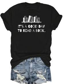Camiseta con diseño de libro de lectura para mujer y unisex, de verano, casual, transpirable, de cuello redondo, de manga corta, de uso versátil, adecuada para adolescentes y adultos - Negro - Ver 1
