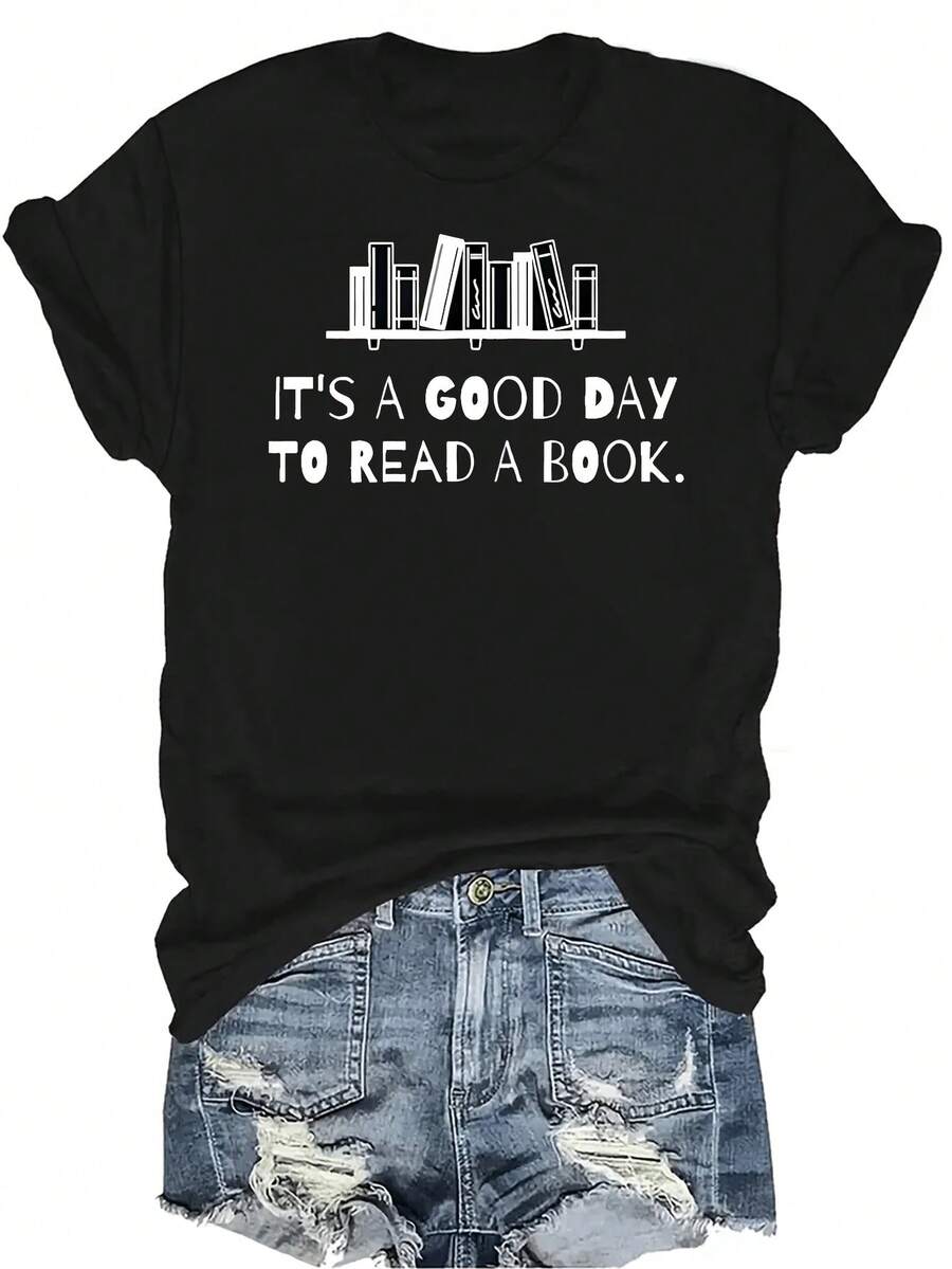 Camiseta con diseño de libro de lectura para mujer y unisex, de verano, casual, transpirable, de cuello redondo, de manga corta, de uso versátil, adecuada para adolescentes y adultos - Negro - Ver 1