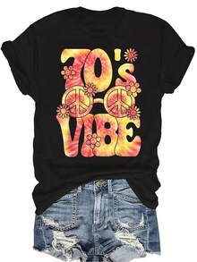 Camiseta de mujer con estilo retro de los años 70, unisex, de verano, casual, transpirable, con personalidad, cuello redondo, manga corta, ropa de calle, versátil, adecuada para adolescentes y adultos - Negro - Ver 1