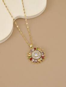 1pc Stainless Steel Colorful Zirconia Sunflower Pendant Necklace, Suitable For Women's Daily Wear, Women's Gold Necklace, Quality 18K Gold Necklace, Women's Jewelry Necklace, Chrysanthemum, Daisy - Yellow Gold - View 2