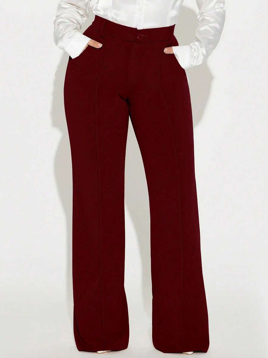 Women's High Waisted Dress Pants, Straight Leg Work Slacks For Business Casual Office, Elegant Trousers With Pockets - Màu Đỏ Sâu - Xem 1