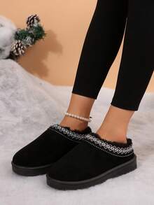 冬季雪地短靴，女士短踝靴，内衬加厚，休闲保暖毛绒套脚靴，防滑软底室内外通用拖鞋，可机洗 - 黑色 - 查看 8