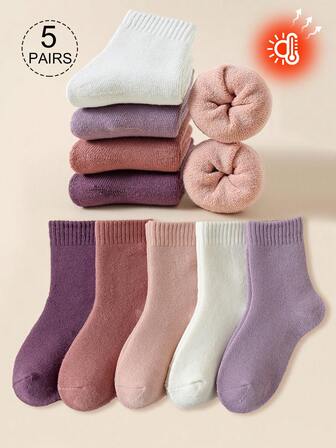 5 双女童羊毛混纺中筒袜，纯色粉色、紫色、白色，柔软温暖，厚实，简约设计，可爱时尚，百搭，适合秋冬季