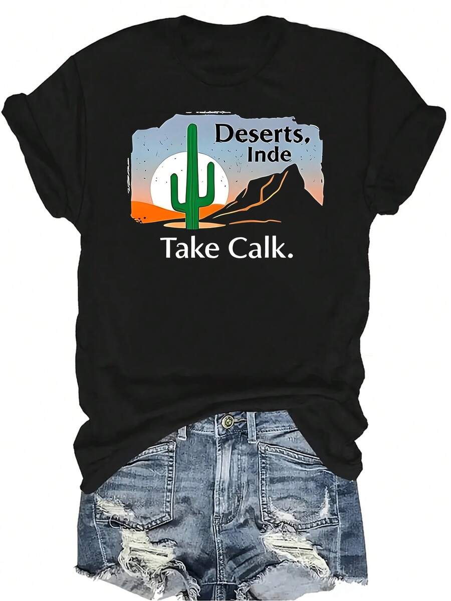 Camiseta gráfica de cactus estilizada para mujer y unisex, de verano, casual, transpirable, con personalidad, de cuello redondo, de manga corta, de uso versátil, adecuada para adolescentes y adultos - Negro - Ver 1