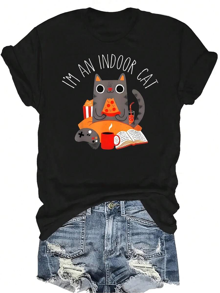 Camiseta con patrones interesantes para mujer y unisex, de verano, casual, transpirable, con cuello redondo, manga corta, estilo urbano y versátil, adecuada para adolescentes y adultos - Negro - Ver 1