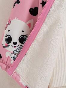 女童休闲户外时尚印花卡通图案常规版型拉链连帽抓绒外套，秋冬季带保暖内衬