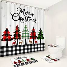 1 pieza/4 piezas Juego de cortina de ducha multifuncional con árbol de Navidad feliz y renos, incluye 12 ganchos gratis, crea un ambiente festivo, alfombra de baño, alfombra en forma de U y alfombra redonda para el inodoro, adecuado para todas las escenas navideñas del baño