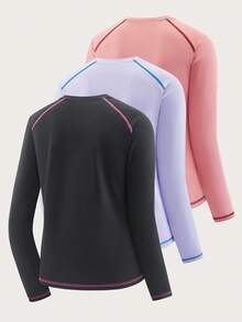 Pacote com 3 Camisetas Femininas de Manga Longa para Exercícios - Tops Sólidos Confortáveis e Respiráveis, Ajuste Solto, Secagem Rápida, Ideal para Fitness, Corrida, Exercícios, Yoga, Atividades ao Ar Livre e Uso Casual Diário