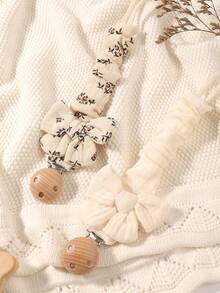 2pcs Baby Solid & Printed Pacifier Clips, Bowknot Pacifier Holder, Wooden 3-Hole Pacifier Clips, Suitable For Daily Use In Blue, Pink, Khaki