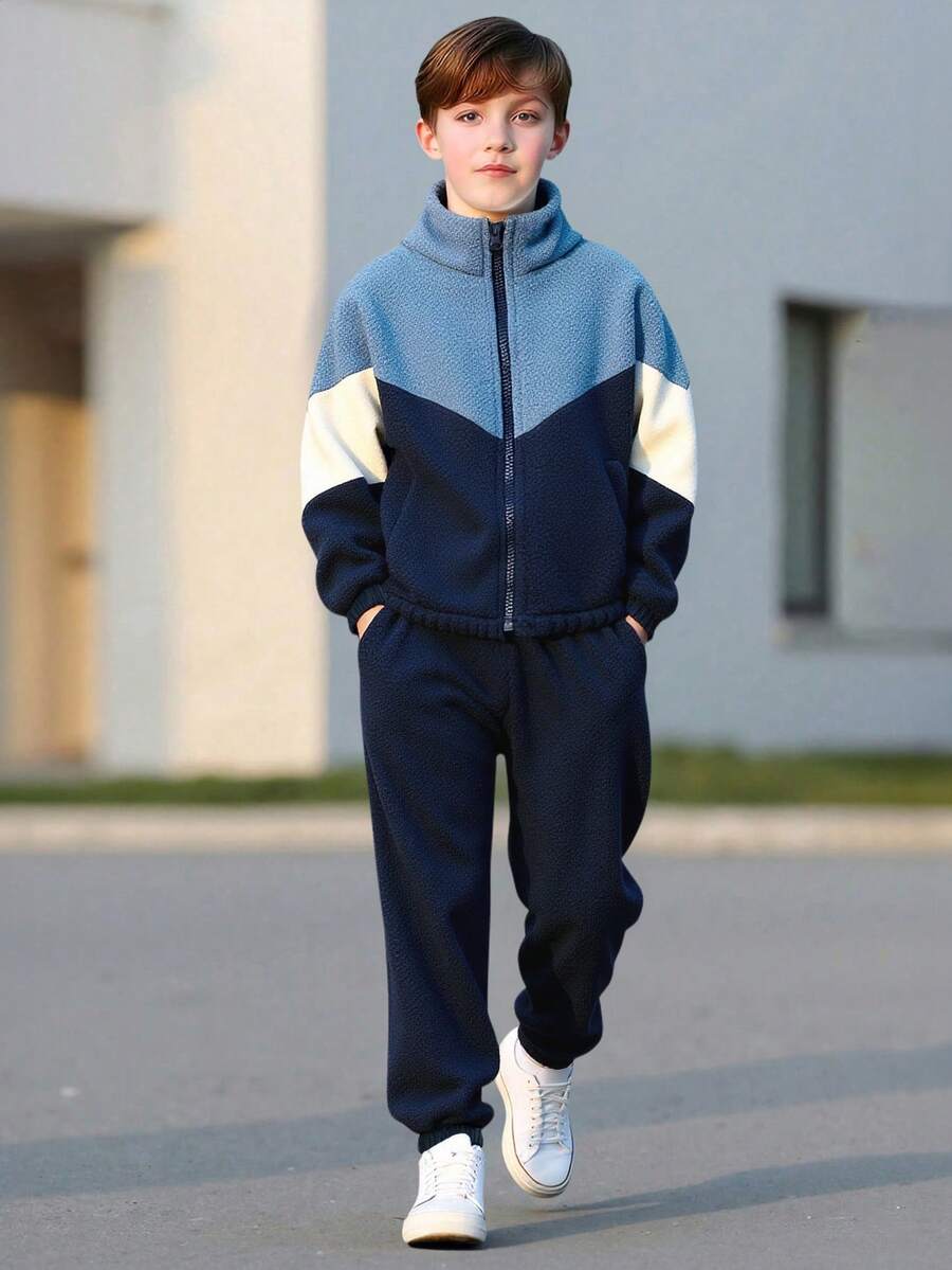 2pcs/Set Tween Boy Thick Long Sleeve Jacket And Pants Set, Color Block Design, Stand Collar Zipper Jacket, Casual And Comfortable Outdoor Outfit, Autumn/Winter
