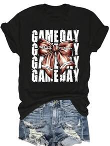 Camiseta de mujer de manga corta, cuello redondo, informal, transpirable y versátil con diseño de "Mamá del día del juego de fútbol", adecuada para adolescentes y adultos - Negro - Ver 1