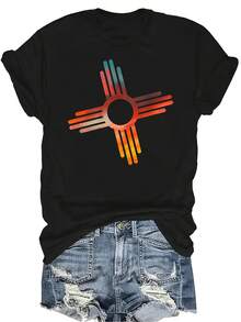 Nueva camiseta de diseño retro-moderno vintage Zia del estado de Nuevo México para mujer y unisex, de verano, casual, transpirable, de personalidad, de cuello redondo, de manga corta, de uso versátil, adecuada para adolescentes y adultos - Negro - Ver 1