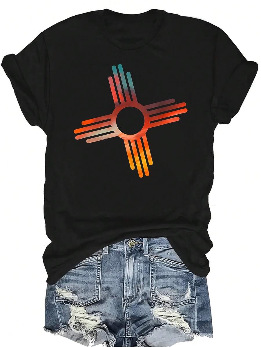 Nueva camiseta de diseño retro-moderno vintage Zia del estado de Nuevo México para mujer y unisex, de verano, casual, transpirable, de personalidad, de cuello redondo, de manga corta, de uso versátil, adecuada para adolescentes y adultos - Negro - Ver 1
