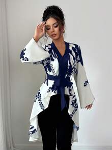 对称印花黑米色长袖收腰鱼尾下摆优雅法式衬衫 - 藏蓝色 - 查看 5