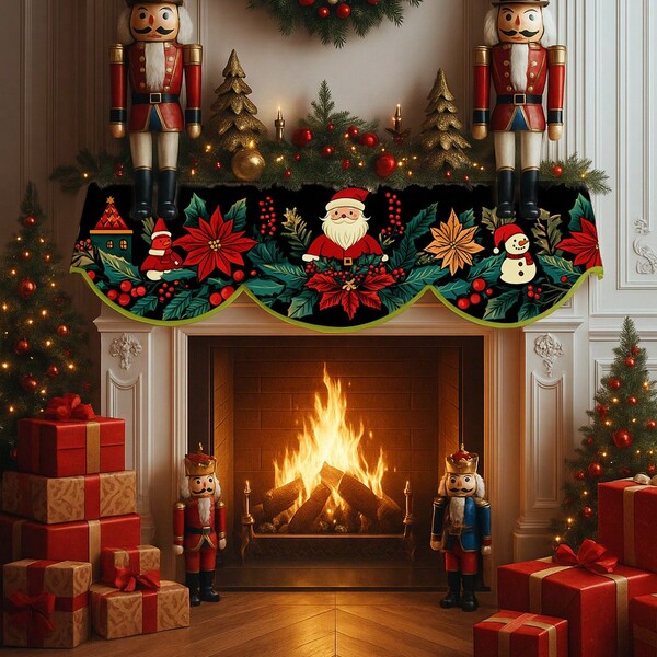 1 Écharpe de cheminée en forme d'éventail en polyester de thème de Noël noir, 200 cm * 50 cm, avec des éléments du Père Noël, de la poinsettia, du bonhomme de neige et du houx. Décoration de manteau festive, convenant pour la maison de Noël, les fêtes de vacances, la décoration murale d'hiver, les célébrations de Noël sombres.