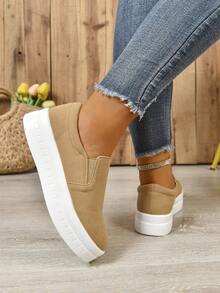 Mocasines planos color caqui para mujer, de unicolor, punta redonda, minimalistas, ligeros, de slip-on, zapatos de plataforma de moda, versátiles para todas las estaciones