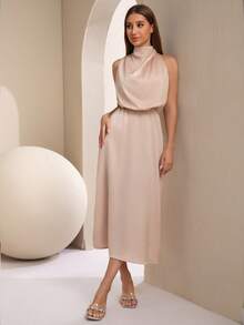 Satin High Neck Sleeveless Elegant Evening Dress, Cocktail Semi Formal Dress, For Birthday, Wedding Guest Dinner, Homecoming Party Dress