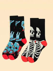 1/2 Pairs Fun Patterned Mid-Calf Socks, Suitable For Women, Party And Daily Wear, Halloween - Multicolor - View 9
