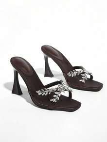 2025新款女士高跟穆勒拖鞋，缎面面料，水钻装饰，绑带凉鞋，性感露背设计，春夏穿搭 - 棕色 - 查看 9