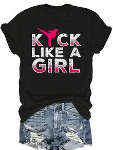 Pateo como una chica - Camiseta de karate y kickboxing para mujeres, unisex, de verano, casual, transpirable, con personalidad, de cuello redondo, de manga corta, ropa de calle, versátil, adecuada para adolescentes y adultos - Negro - Ver 1